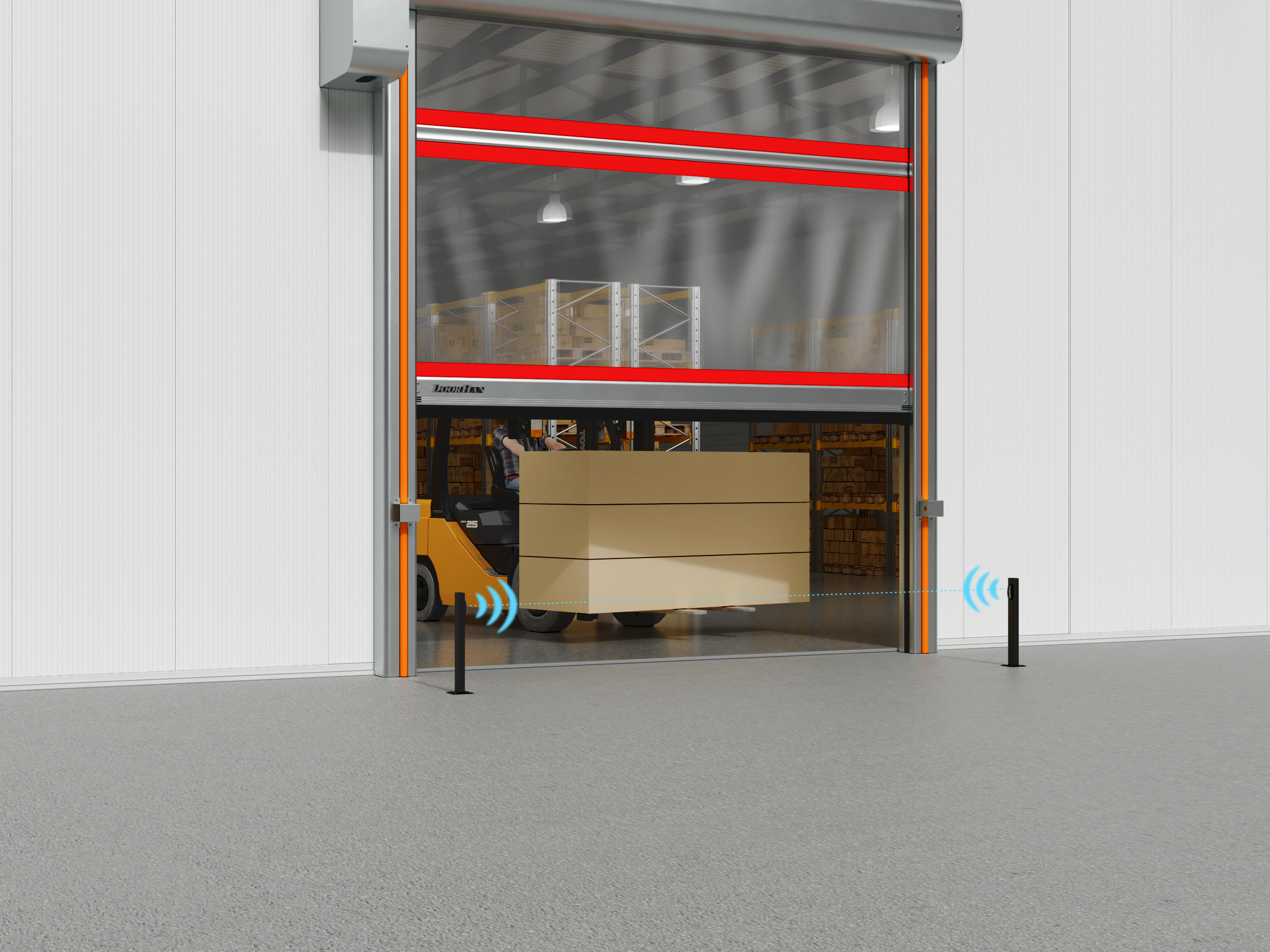 Выносные фотоэлементы на столбиках и сигнальные лампы.